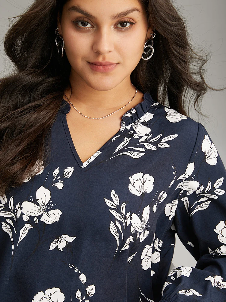 Silhouette Floral Print Ruffles Lantern Sleeve Blouse