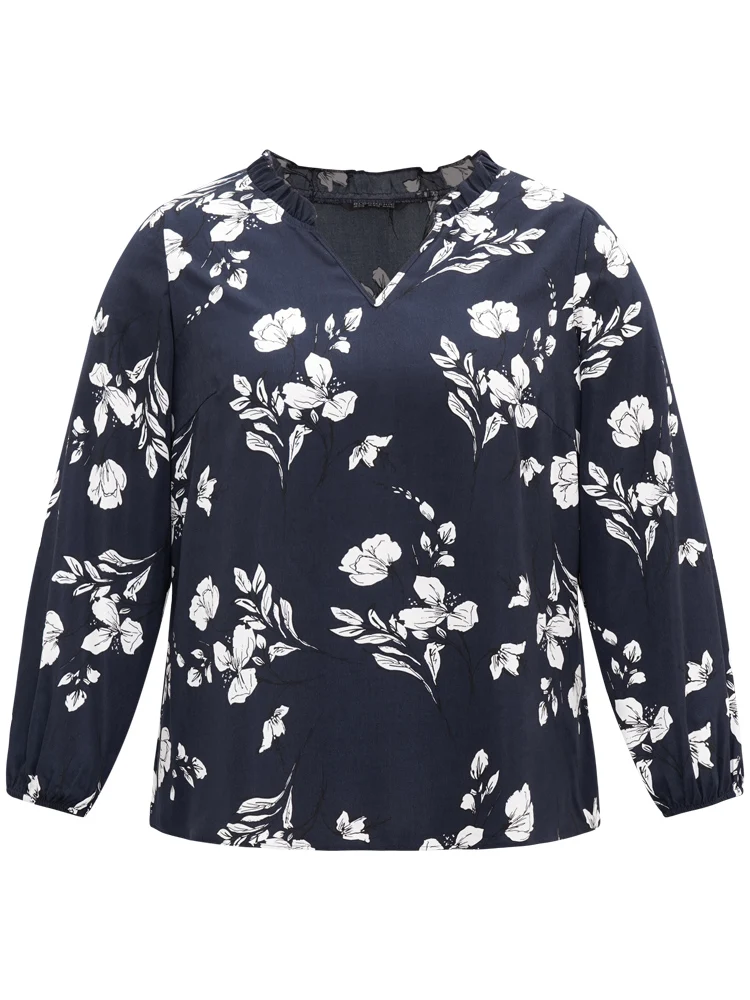 Silhouette Floral Print Ruffles Lantern Sleeve Blouse