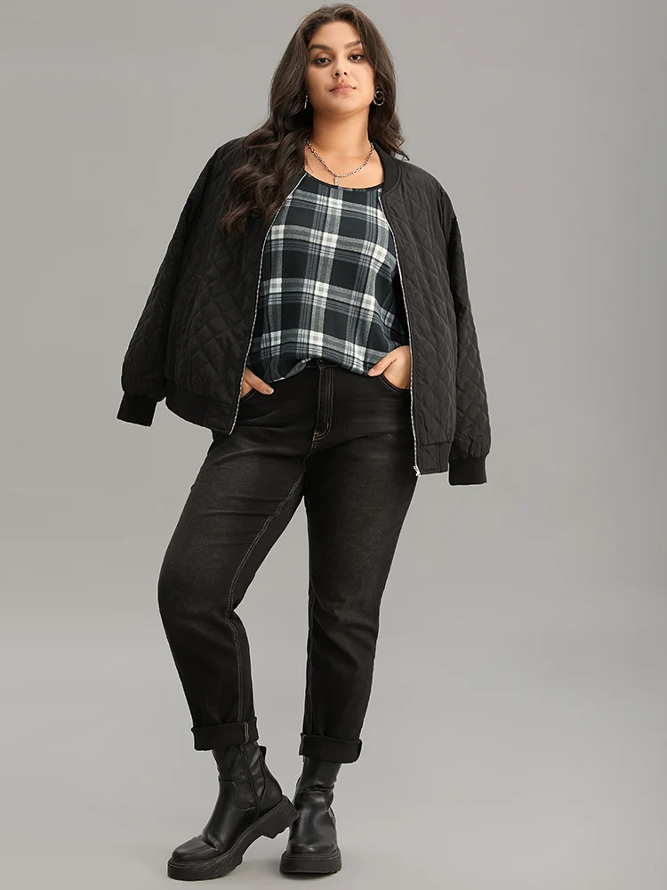 Plaid Contrast Crew Neck Curved Hem T-shirt