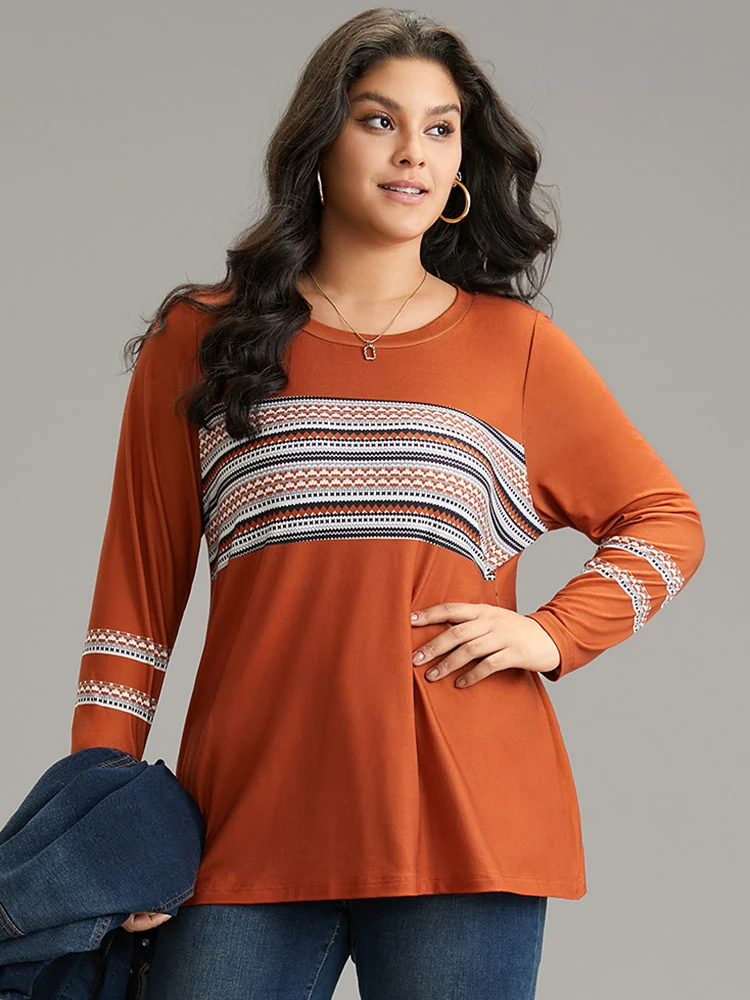 Boho Print Patchwork Crew Neck T-shirt