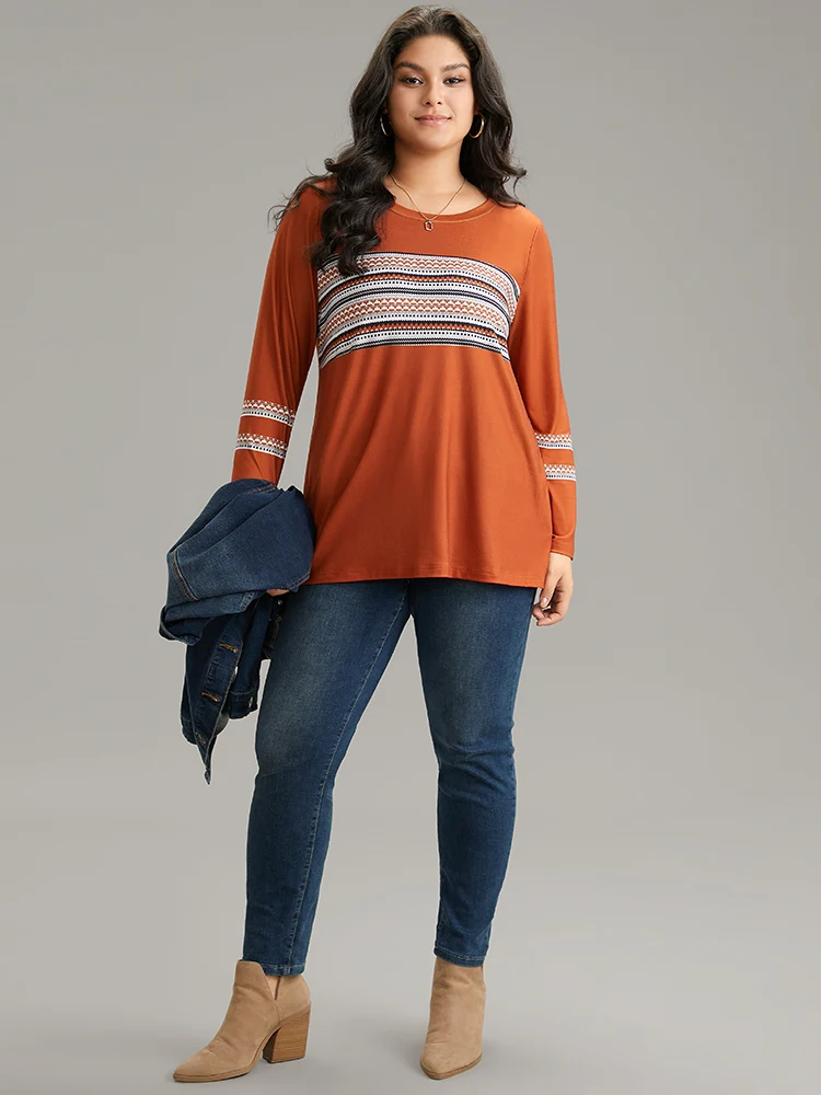Boho Print Patchwork Crew Neck T-shirt