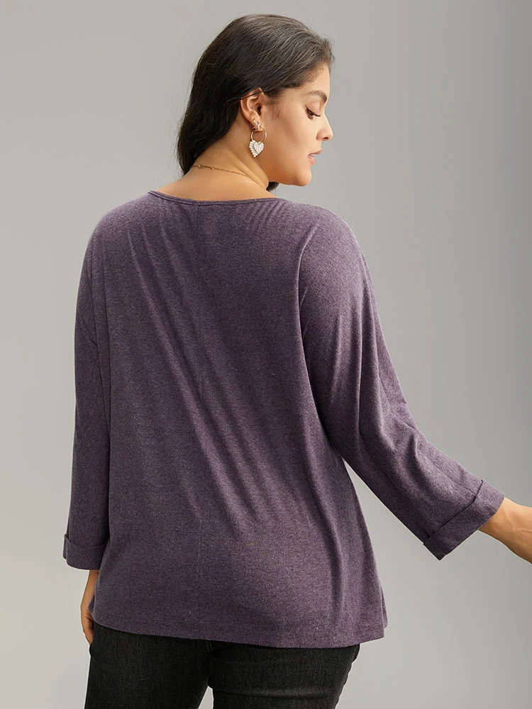 Solid Heather Round Neck Roll Dolman Sleeve T-shirt
