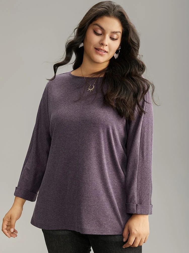 Solid Heather Round Neck Roll Dolman Sleeve T-shirt