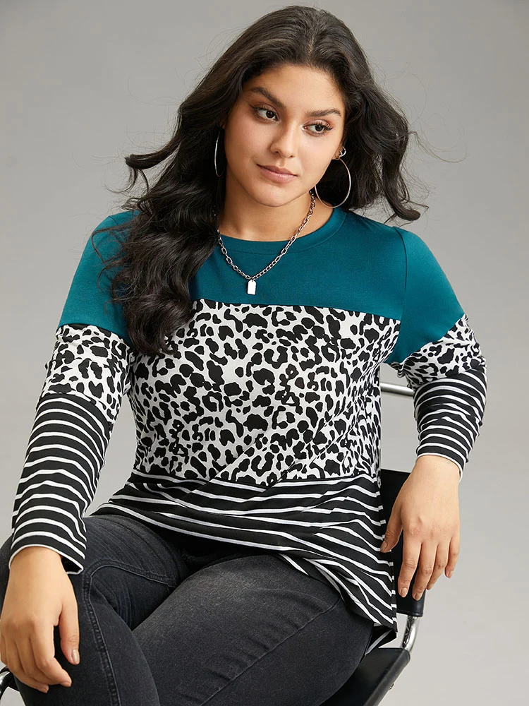 Striped Leopard Patchwork Contrast Round Neck T-shirt