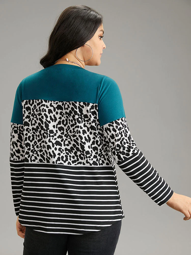 Striped Leopard Patchwork Contrast Round Neck T-shirt