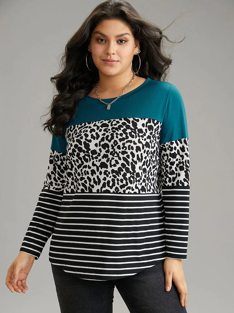 Striped Leopard Patchwork Contrast Round Neck T-shirt