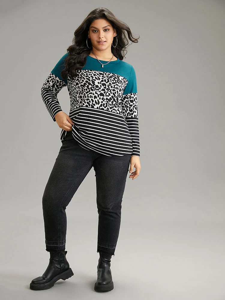 Striped Leopard Patchwork Contrast Round Neck T-shirt