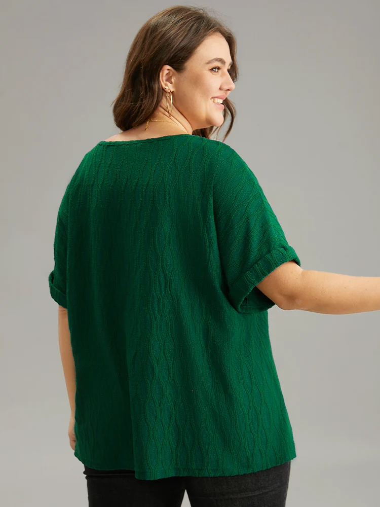 Plain Texture V Neck Roll Dolman Sleeve T-shirt