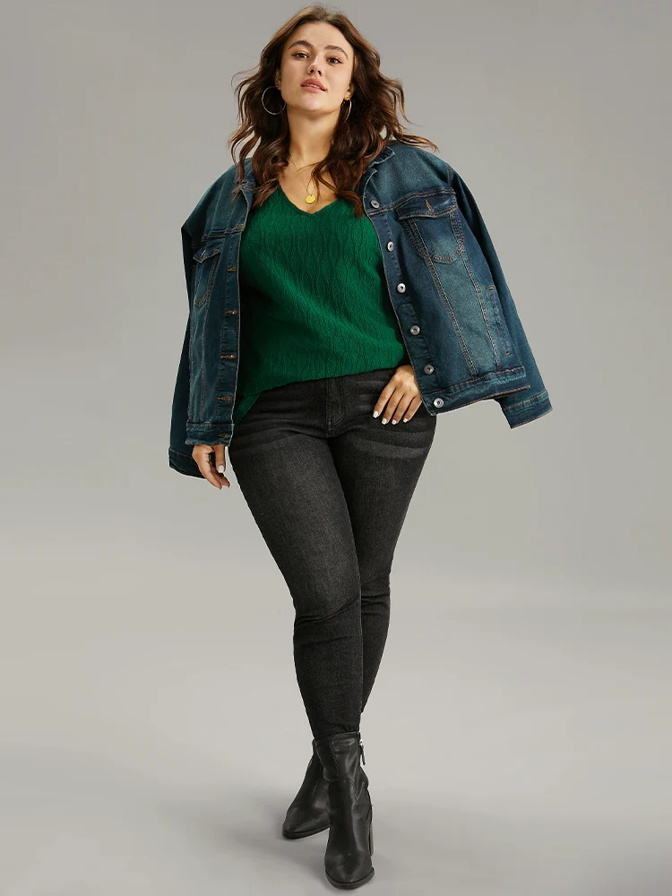 Plain Texture V Neck Roll Dolman Sleeve T-shirt