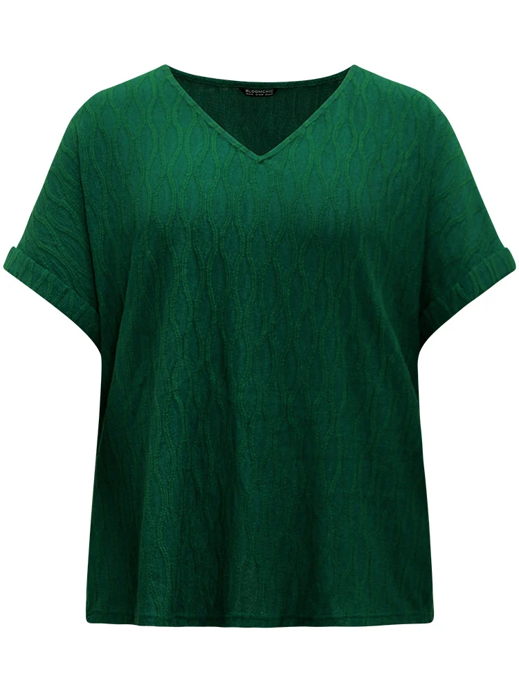 Plain Texture V Neck Roll Dolman Sleeve T-shirt