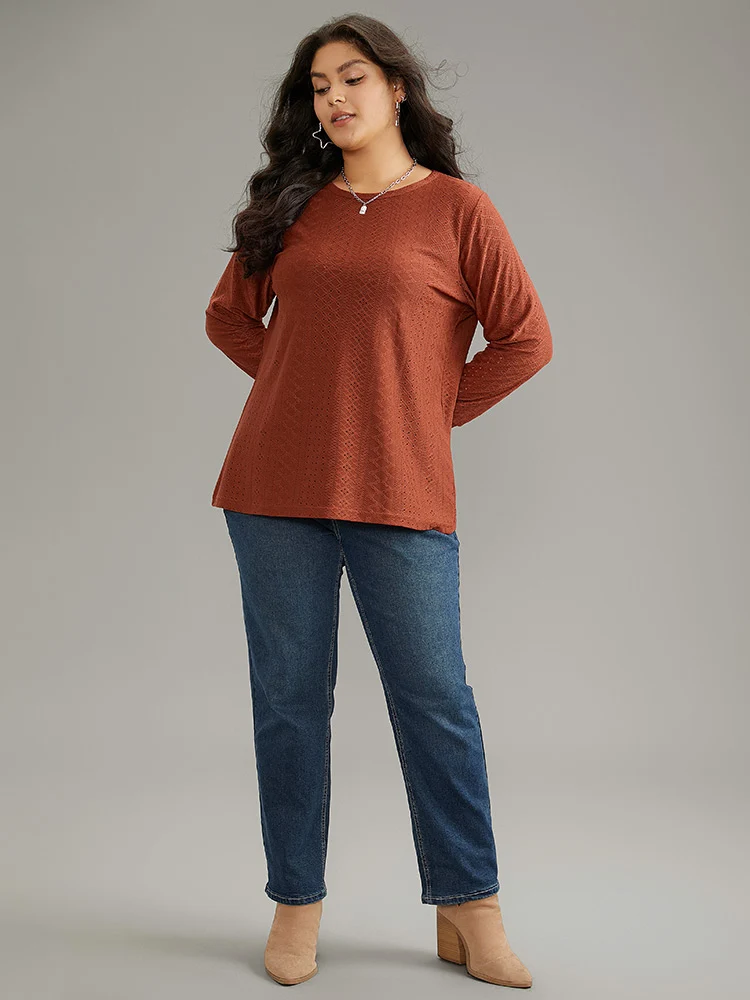 Solid Crew Neck Broderie Anglaise T-shirt