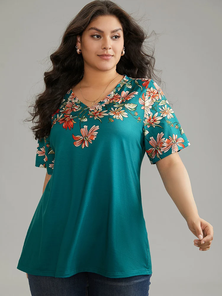 Contrast Floral Print V Neck T-shirt