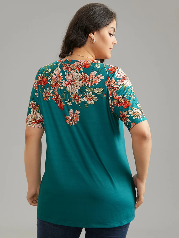 Contrast Floral Print V Neck T-shirt