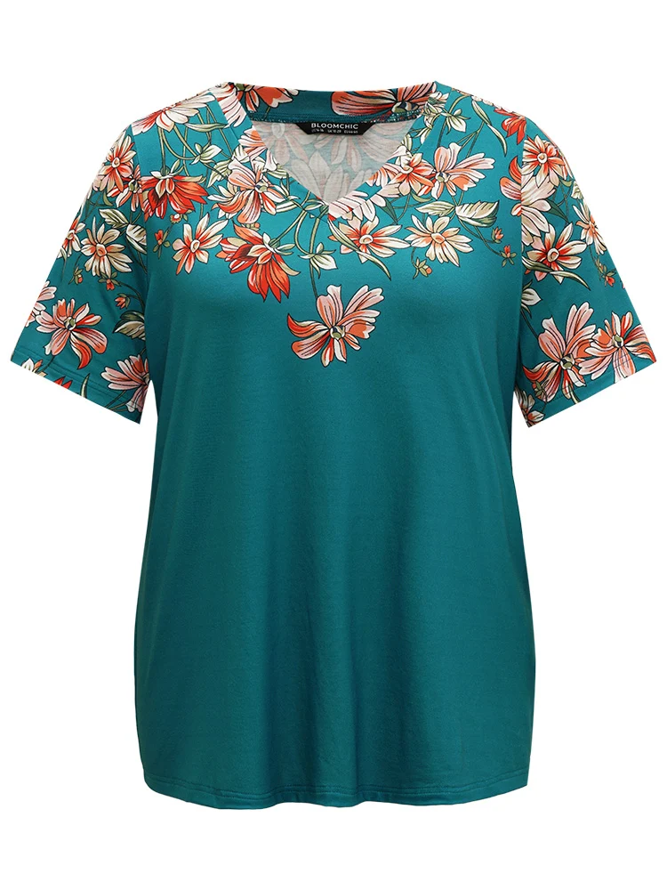Contrast Floral Print V Neck T-shirt