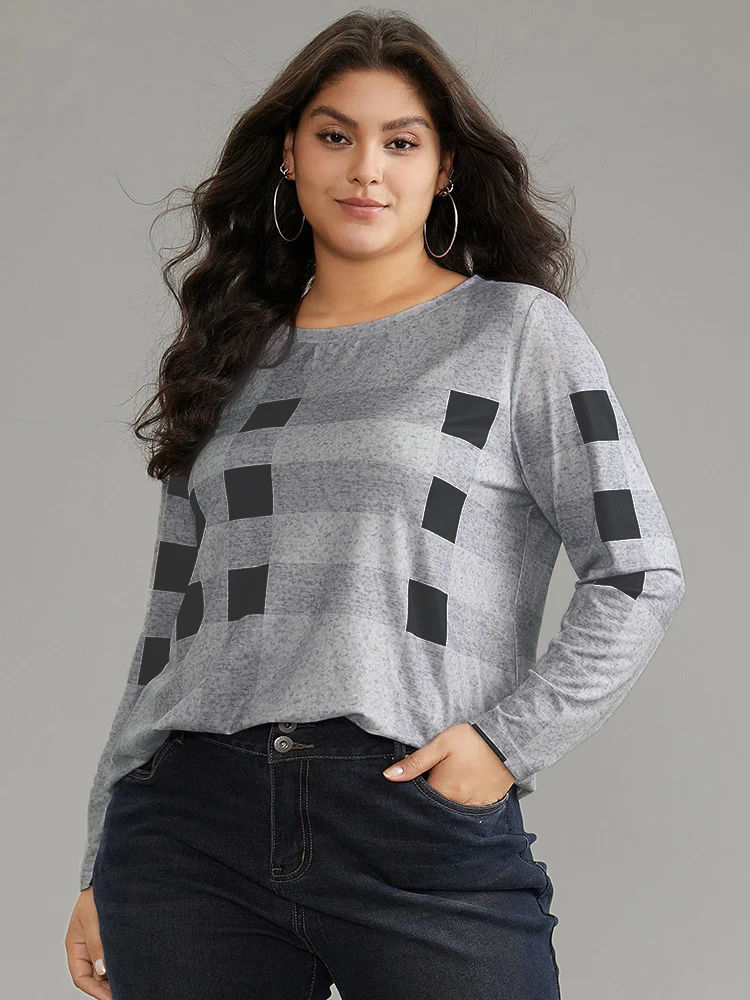 Plaid Print Contrast Round Neck T-shirt