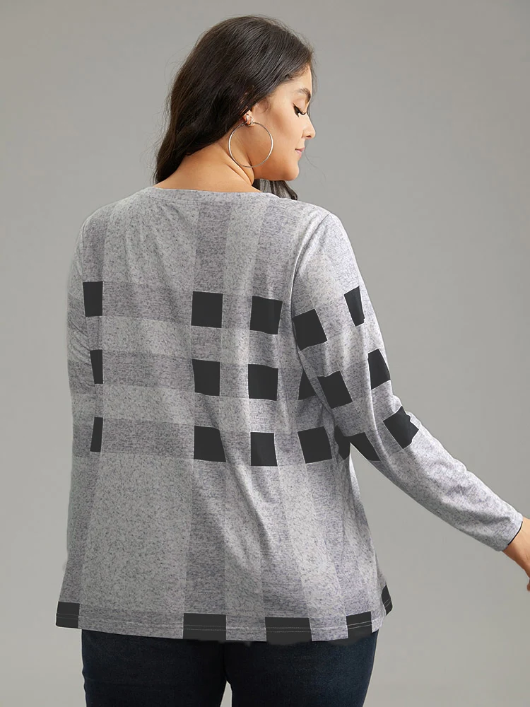 Plaid Print Contrast Round Neck T-shirt