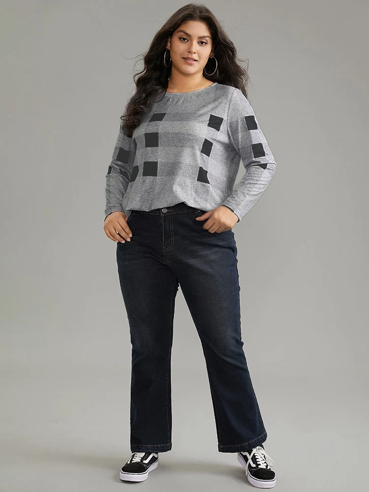Plaid Print Contrast Round Neck T-shirt
