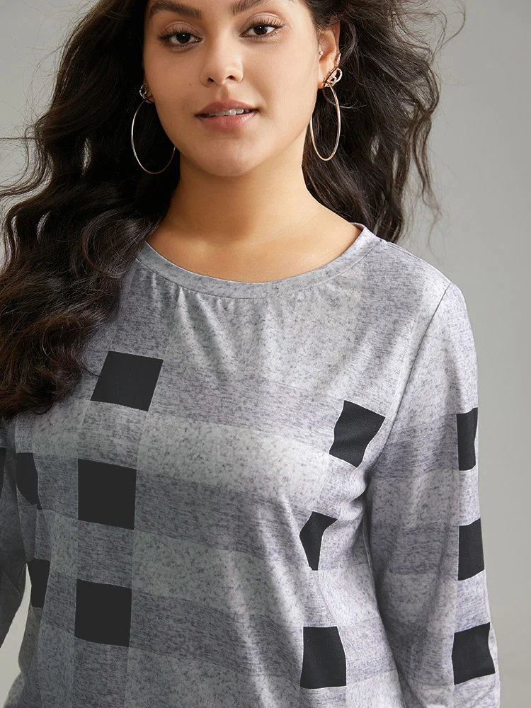 Plaid Print Contrast Round Neck T-shirt