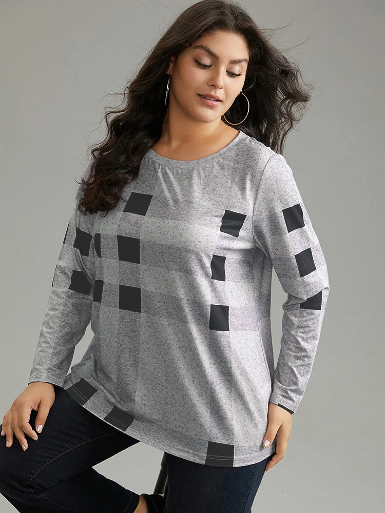 Plaid Print Contrast Round Neck T-shirt