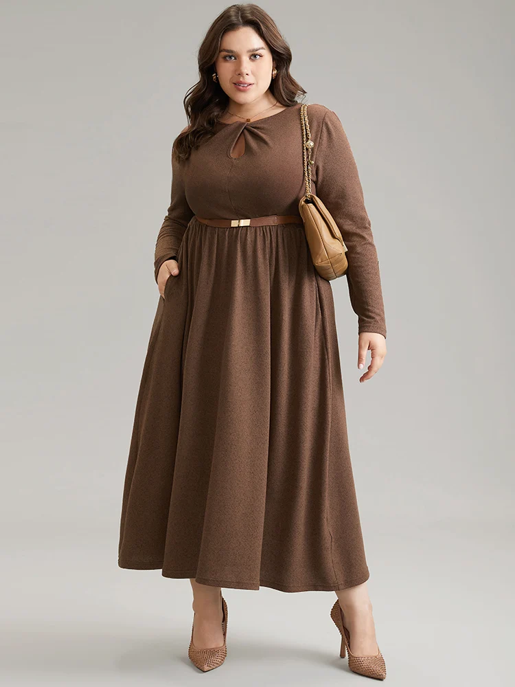 Plain Keyhole Elastic Waist Twist Front Dress