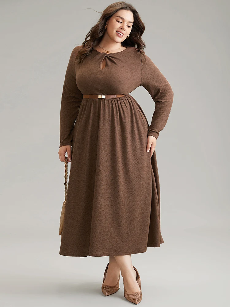 Plain Keyhole Elastic Waist Twist Front Dress