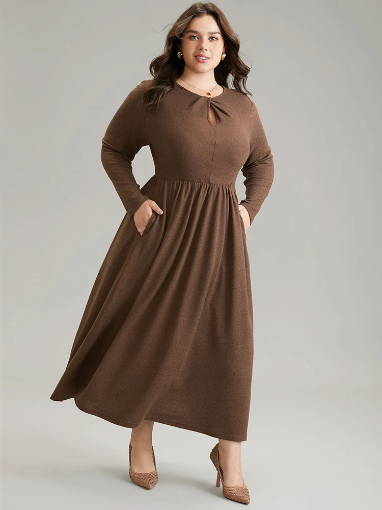 Plain Keyhole Elastic Waist Twist Front Dress