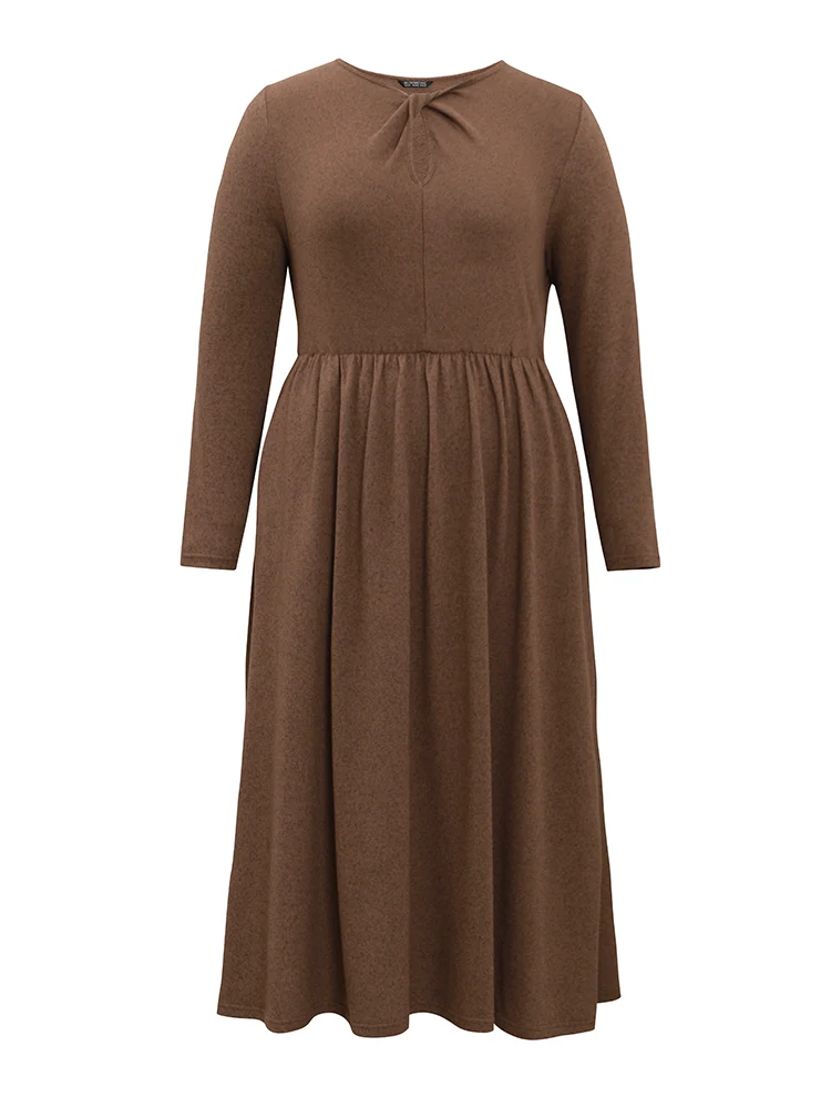 Plain Keyhole Elastic Waist Twist Front Dress