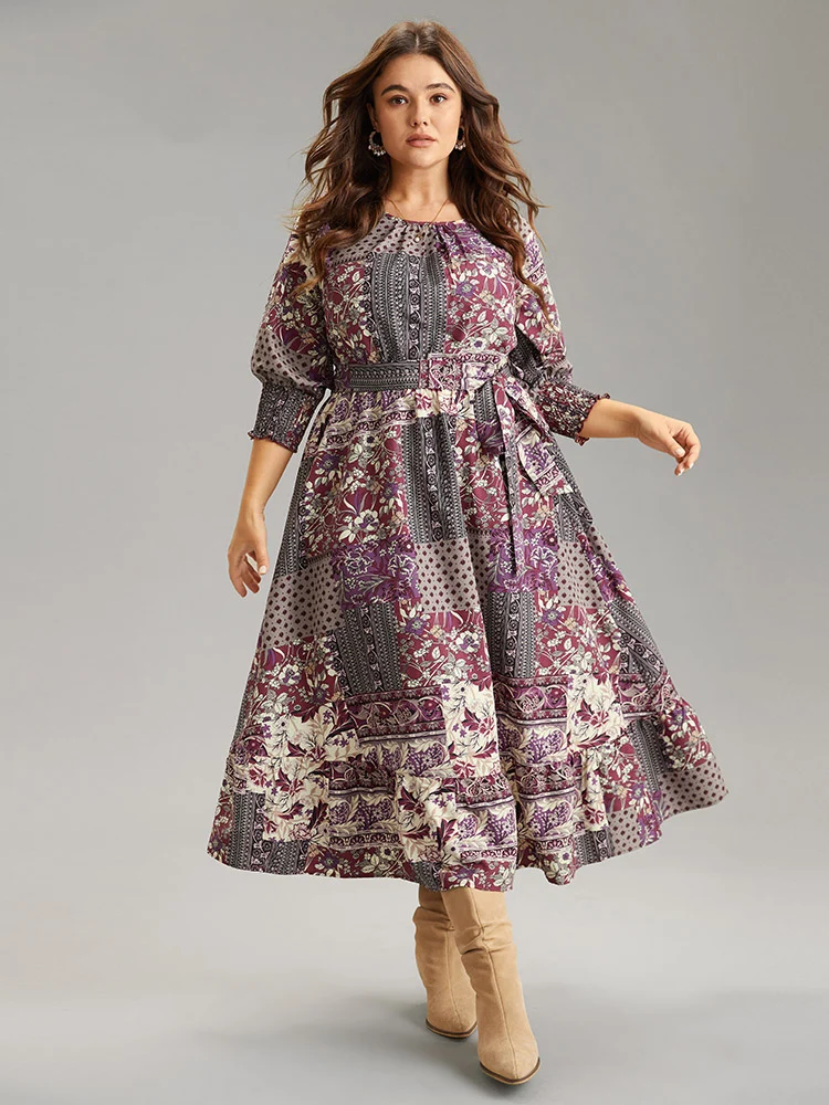 Boho Print Belted Shirred Ruffle Layered Hem Dress