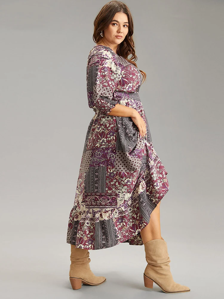 Boho Print Belted Shirred Ruffle Layered Hem Dress