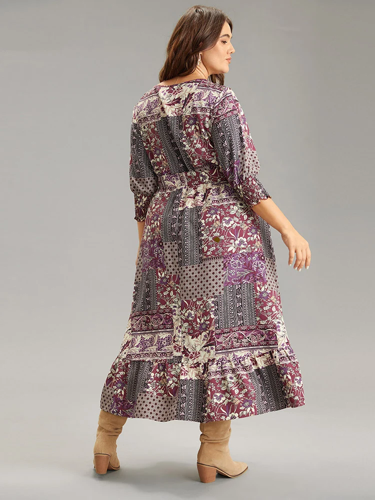 Boho Print Belted Shirred Ruffle Layered Hem Dress
