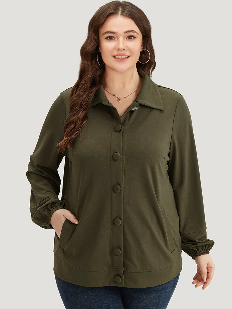 Plain Slant Pocket Button Up Elastic Cuffs Jacket