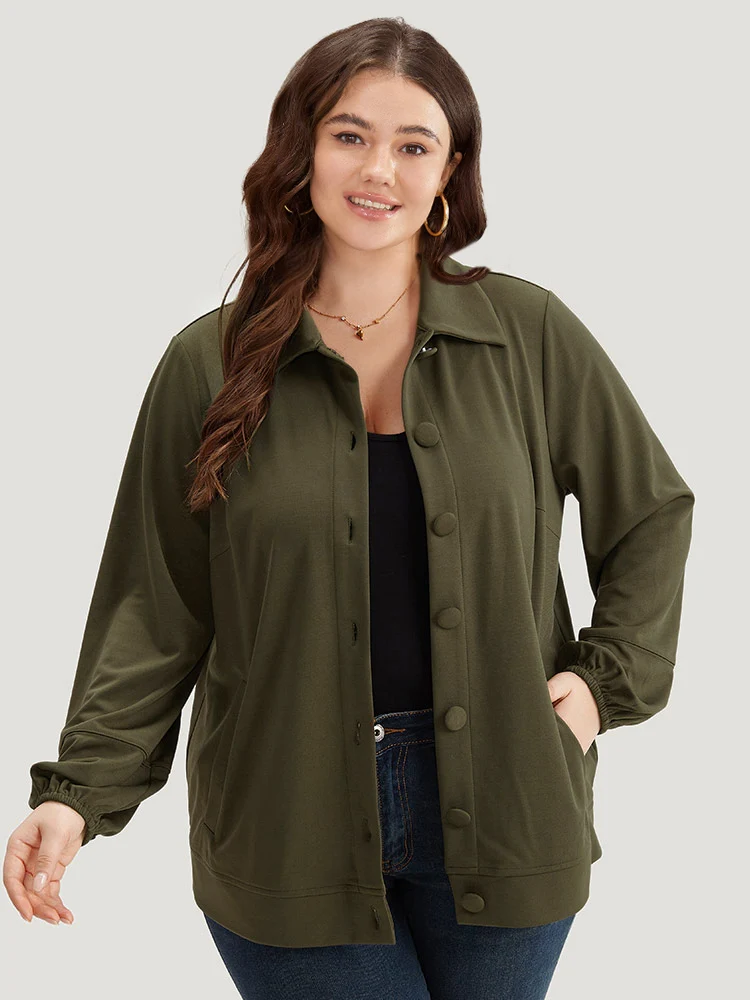 Plain Slant Pocket Button Up Elastic Cuffs Jacket
