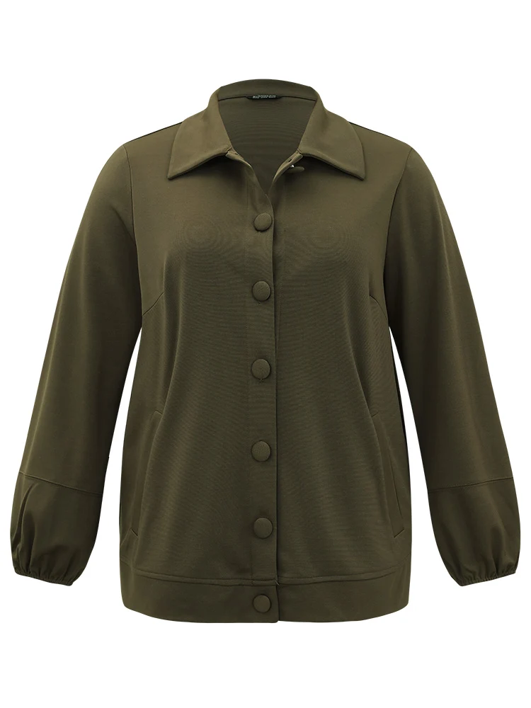 Plain Slant Pocket Button Up Elastic Cuffs Jacket