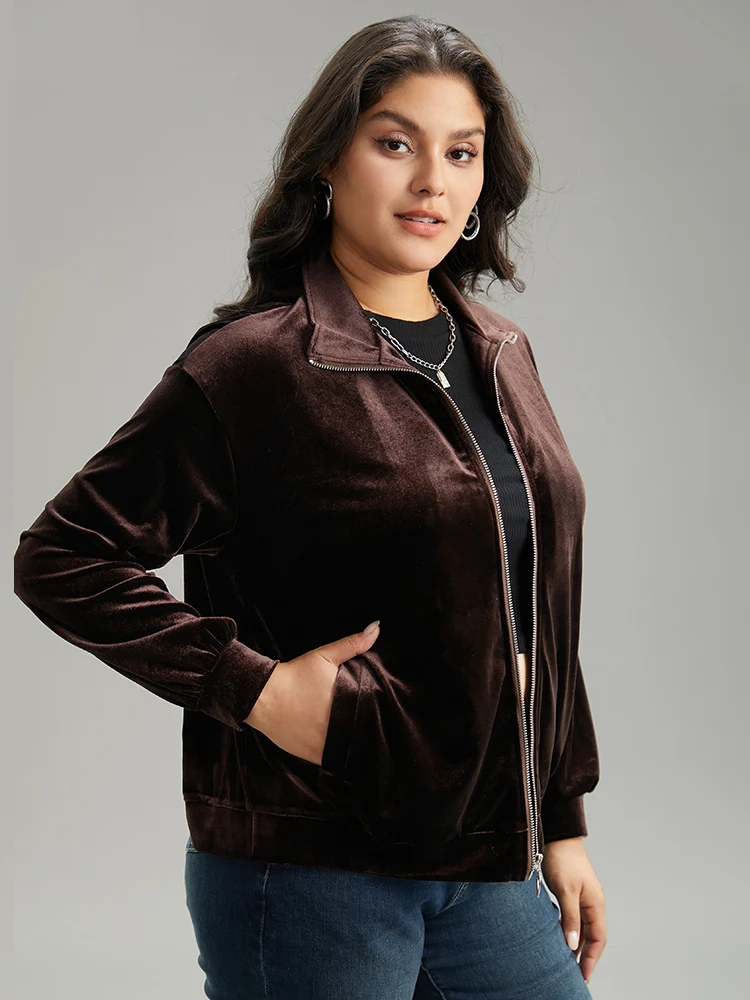 Velvet Solid Pocket Heart Zipper Jacket
