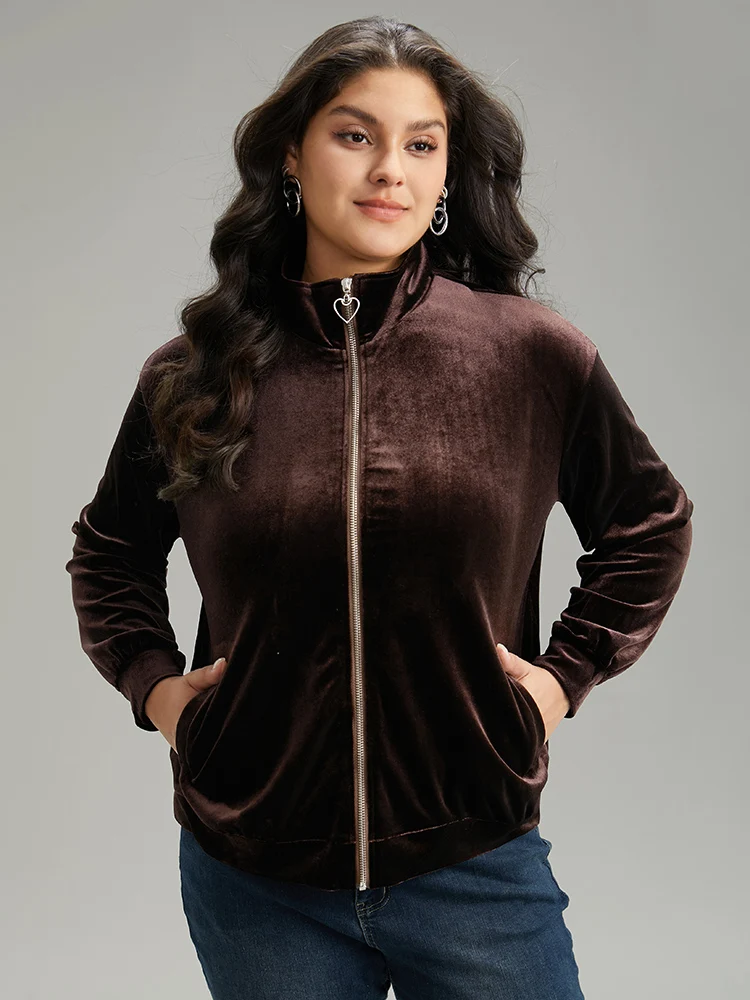 Velvet Solid Pocket Heart Zipper Jacket