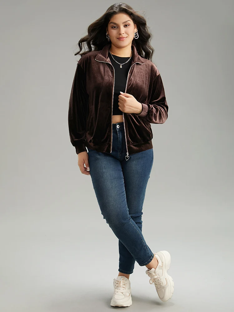 Velvet Solid Pocket Heart Zipper Jacket