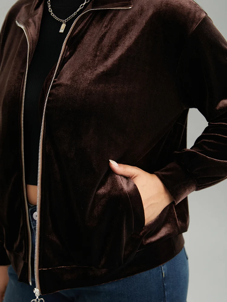 Velvet Solid Pocket Heart Zipper Jacket