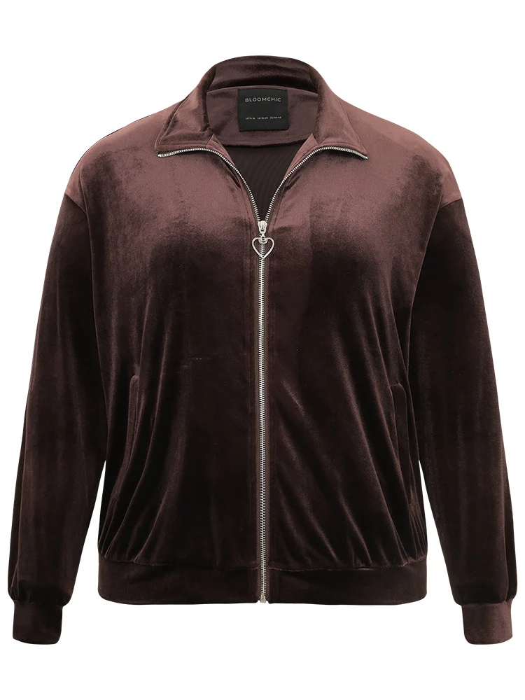 Velvet Solid Pocket Heart Zipper Jacket