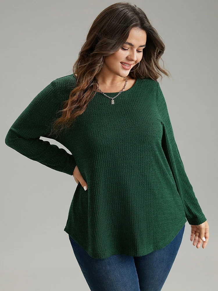 Rib Knit Solid Crew Neck Button Detail T-shirt