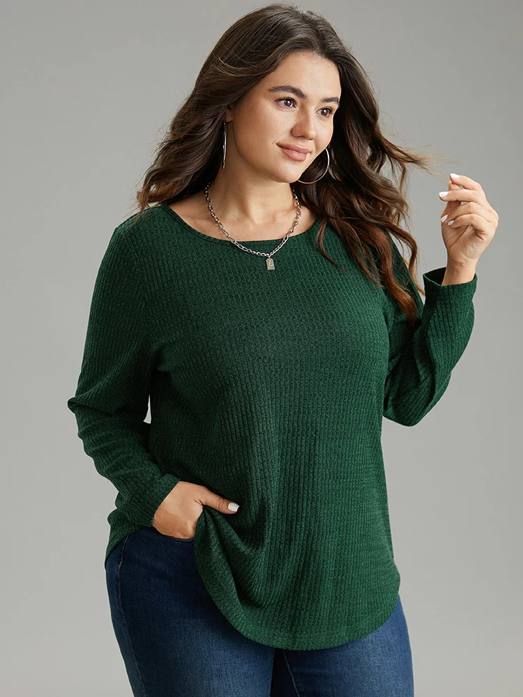 Rib Knit Solid Crew Neck Button Detail T-shirt