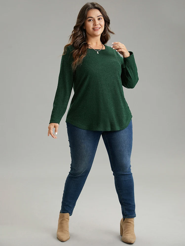 Rib Knit Solid Crew Neck Button Detail T-shirt