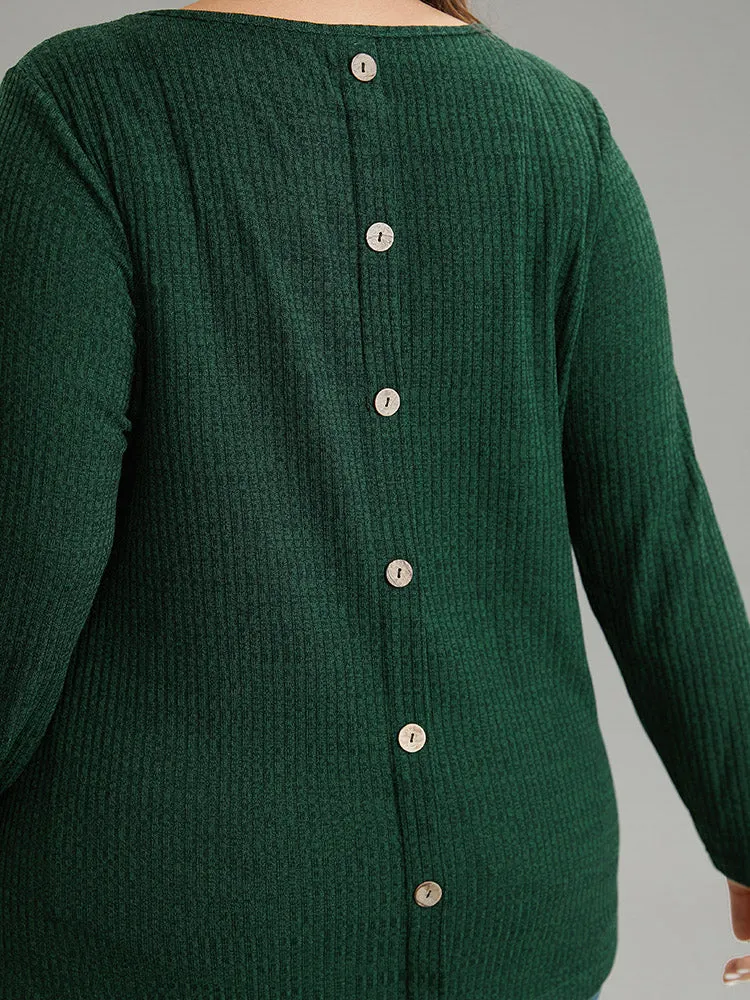 Rib Knit Solid Crew Neck Button Detail T-shirt