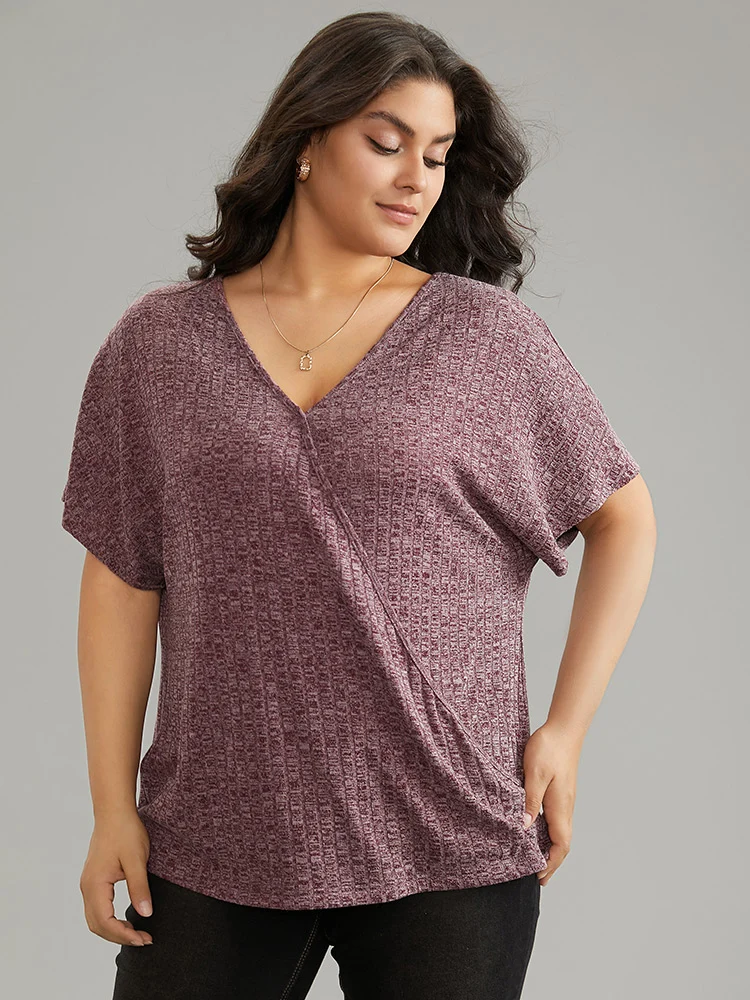 Plisse Surplice Neck Batwing Sleeve T-shirt
