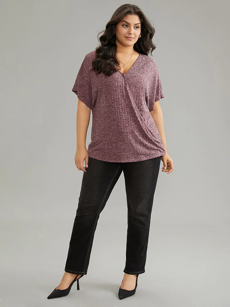 Plisse Surplice Neck Batwing Sleeve T-shirt