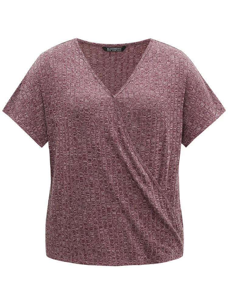 Plisse Surplice Neck Batwing Sleeve T-shirt