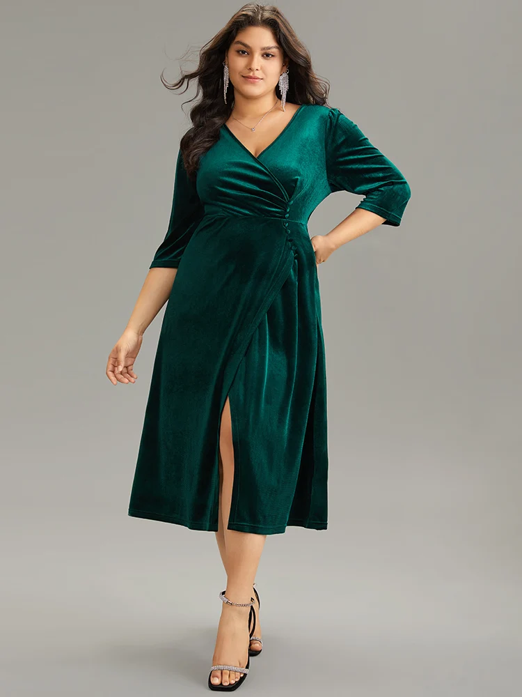 Plain Velvet Wrap Gathered Split Front Dress