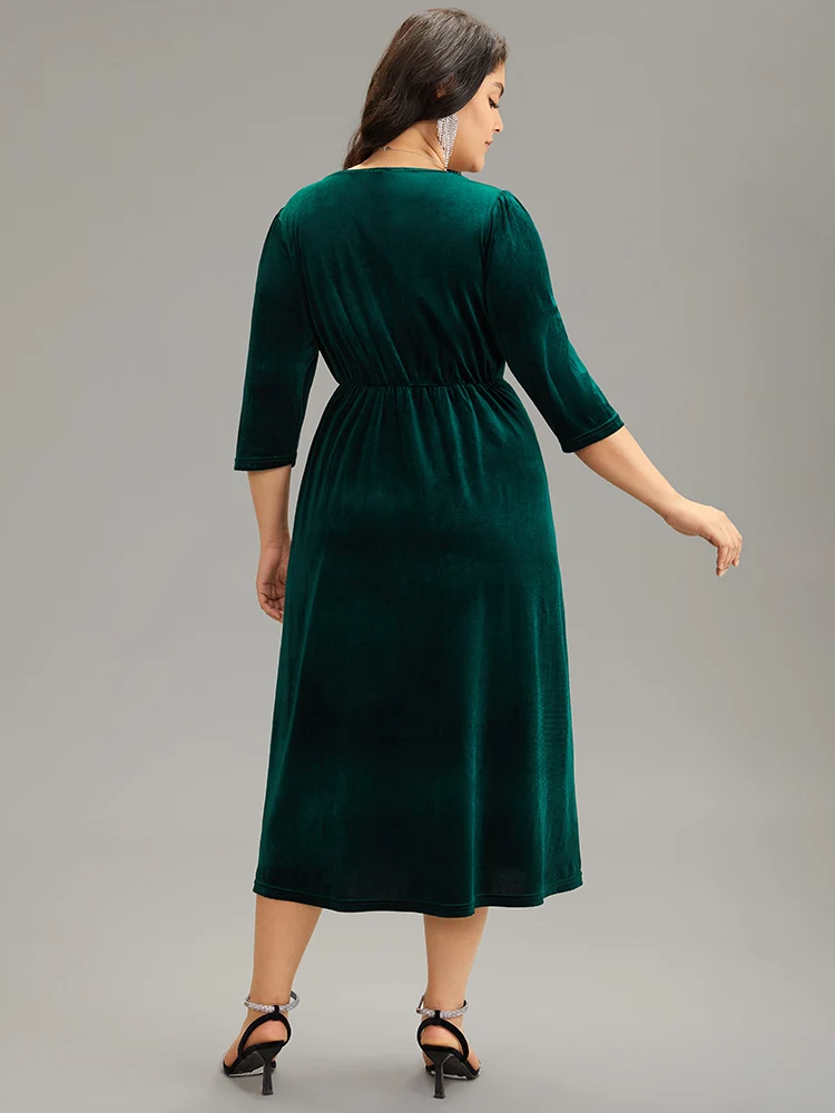 Plain Velvet Wrap Gathered Split Front Dress