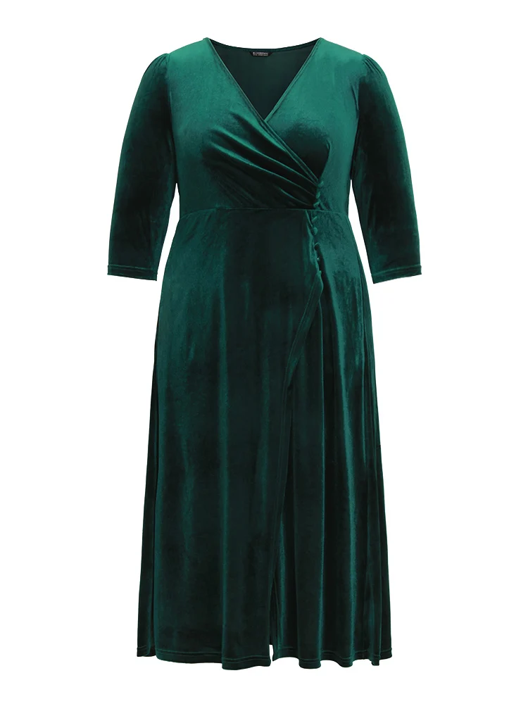 Plain Velvet Wrap Gathered Split Front Dress