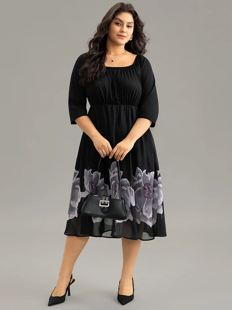 Boho Print Mesh Gathered Square Neck Dress