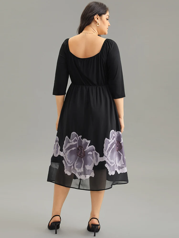 Boho Print Mesh Gathered Square Neck Dress